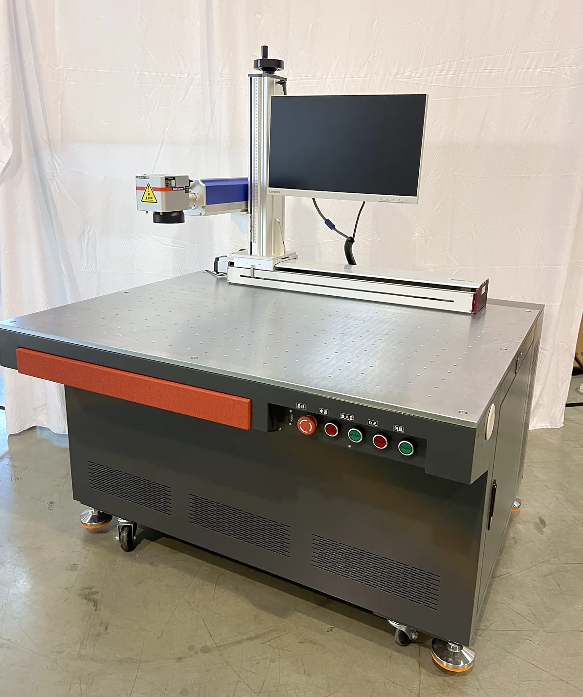 Large-format Laserhi fiber marking machine with an extended flat work table on castors
