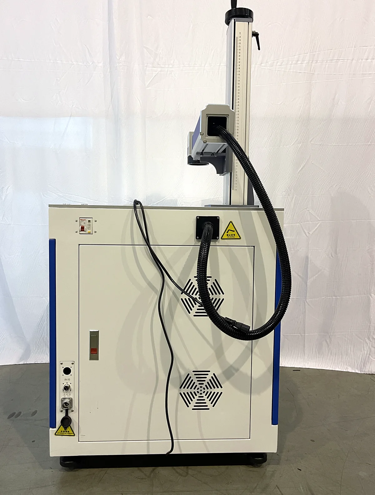 Rear view of the Laserhi fiber marking machine showing cooling fans, cable gland and power inlet